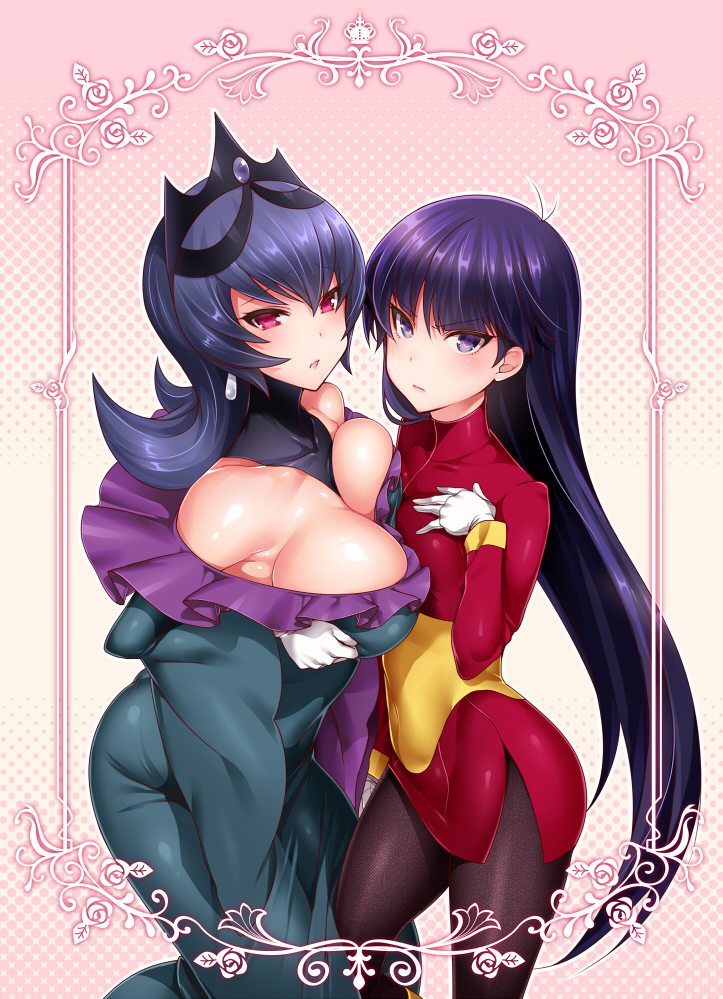 2girls akira_(natsumemo) asymmetrical_docking bare_shoulders breast_press breasts detached_collar dress dual_persona earrings gloves jewelry large_breasts long_hair multiple_girls natsume_(pokemon) pantyhose pokemon pokemon_(game) pokemon_bw2 pokemon_rgby pokewood purple_hair red_eyes small_breasts tiara violet_eyes