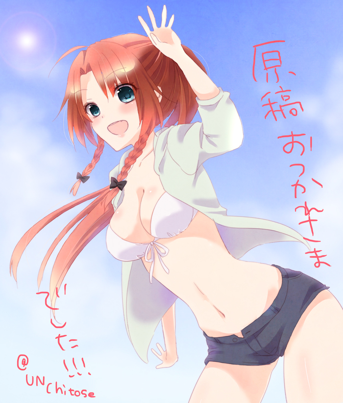 1girl alternate_costume alternate_hairstyle aqua_eyes bangs blouse breasts chitose_(usacan) denim denim_shorts from_side front-tie_top hong_meiling long_hair looking_at_viewer midriff navel open_blouse open_clothes parted_bangs ponytail pov pov_eye_contact redhead shorts solo touhou white_blouse