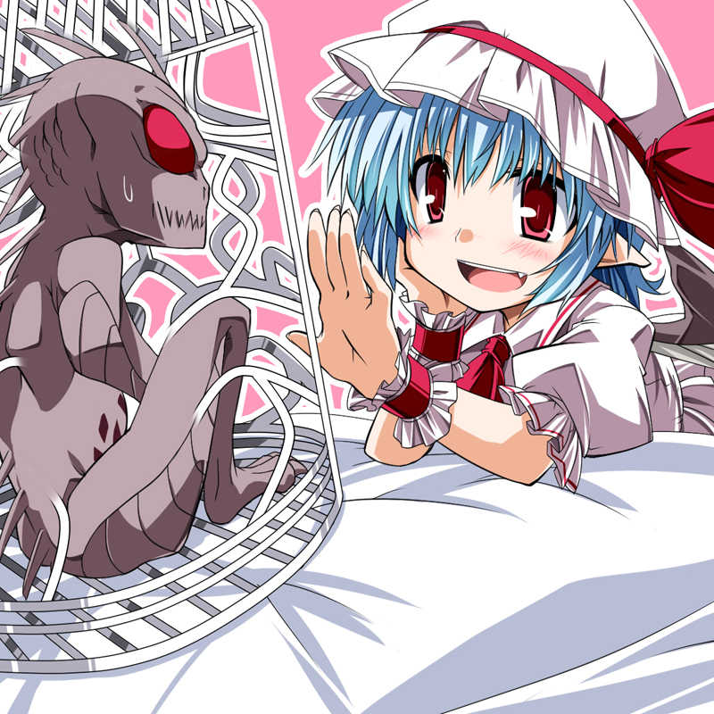 1girl blue_hair blush bow cage chin_rest chupacabra dress fang hat hat_bow hemogurobin_a1c mob_cap open_mouth pink_background puffy_sleeves red_eyes remilia_scarlet short_sleeves sweatdrop table tablecloth teeth touhou tupai_(touhou) white_dress wrist_cuffs