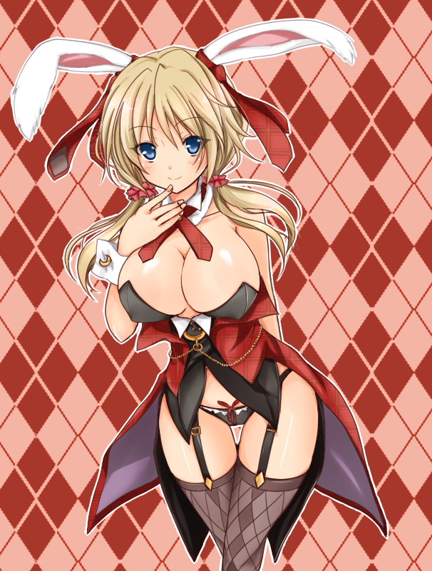 1girl animal_ears argyle argyle_background argyle_legwear arm_behind_back bare_shoulders black_panties blonde_hair blush bow bow_panties breasts brown_legwear cowboy_shot detached_collar garter_straps gatakenjin hand_to_own_mouth hapymaher large_breasts long_hair looking_at_viewer low_twintails panties rabbit_ears smile solo thigh-highs thigh_gap twintails underwear wrist_cuffs yayoi_b_lutwidge
