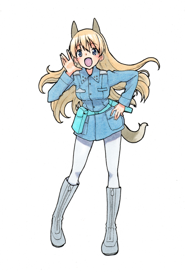 1girl :d animal_ears blonde_hair blue_eyes blush boots eila_ilmatar_juutilainen fox_ears fox_tail full_body hand_on_hip jacket leaning_forward long_hair military military_uniform open_mouth pantyhose shiratama_(hockey) simple_background smile solo strike_witches tail traditional_media uniform white_background white_legwear