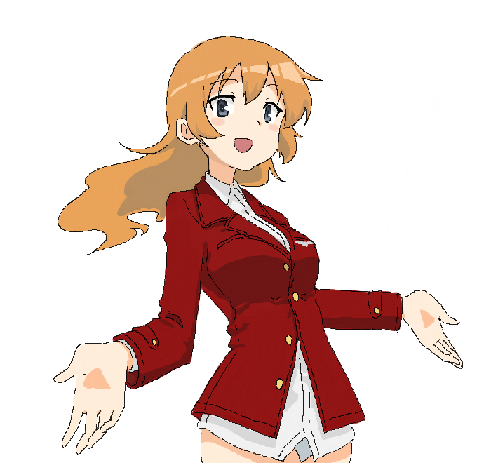 1girl blue_eyes blush_stickers charlotte_e_yeager dress_shirt jacket long_hair long_sleeves looking_at_viewer military military_uniform open_mouth orange_hair shiratama_(hockey) shirt simple_background smile solo strike_witches uniform white_background