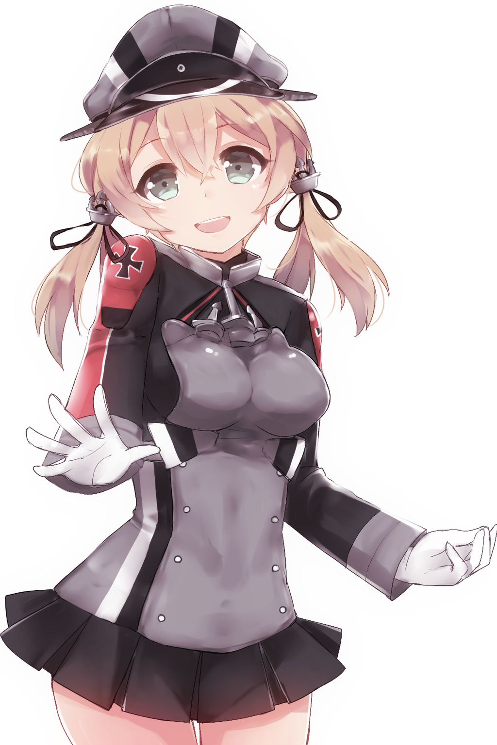 1girl :d anchor_hair_ornament blonde_hair blue_eyes blush breasts gloves hair_ornament hat highres iron_cross kantai_collection komachi_naruta long_hair long_sleeves looking_at_viewer microskirt military military_uniform open_mouth peaked_cap prinz_eugen_(kantai_collection) skirt smile solo twintails uniform white_gloves