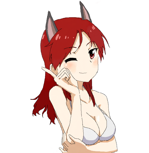 1girl ;) animal_ears bikini blush breasts bust cleavage collarbone long_hair minna-dietlinde_wilcke one_eye_closed pointing red_eyes redhead shiratama_(hockey) simple_background smile solo strike_witches swimsuit white_background white_bikini white_swimsuit wolf_ears