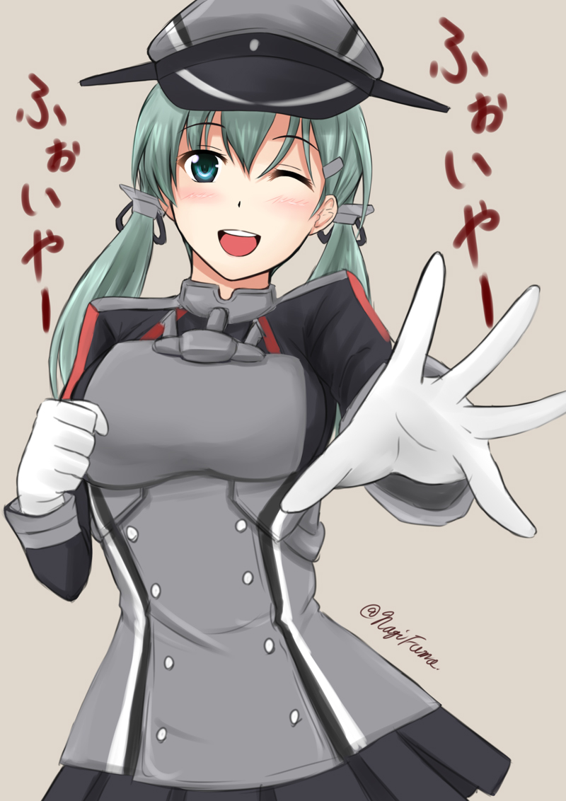 1girl ;d aqua_hair blue_eyes clenched_hand fuuma_nagi gloves hair_ornament hairclip hat kantai_collection looking_at_viewer military military_uniform one_eye_closed open_mouth peaked_cap prinz_eugen_(kantai_collection) prinz_eugen_(kantai_collection)_(cosplay) reaching_out skirt smile solo suzuya_(kantai_collection) twintails twitter_username uniform white_gloves