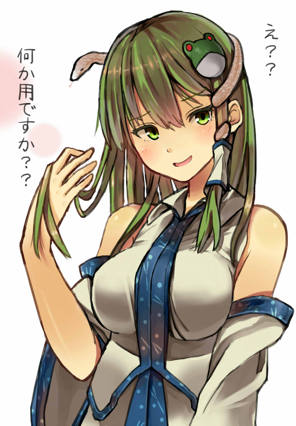 1girl breasts detached_sleeves evil_smile frog_hair_ornament green_eyes green_hair hair_ornament hair_tussle highres kochiya_sanae large_breasts long_hair looking_at_viewer open_mouth smile snake snake_hair_ornament solo touhou