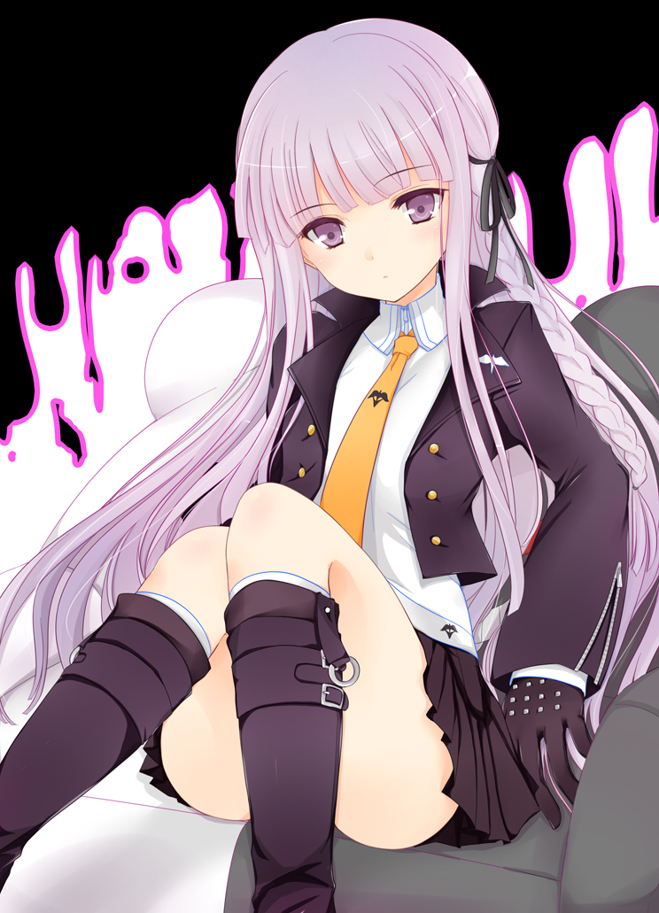 1girl black_gloves boots braid chair dangan_ronpa dangan_ronpa_1 gatakenjin gloves hair_ribbon kirigiri_kyouko knees_together_feet_apart long_hair looking_at_viewer monokuma necktie purple_hair ribbon sitting skirt solo very_long_hair violet_eyes