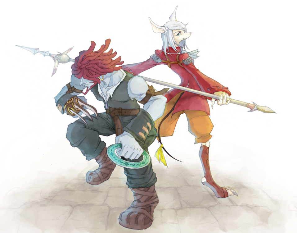 1boy 1girl armband back-to-back blue_eyes chakram claw_(weapon) claws coat dual_wielding earrings facial_hair fighting_stance final_fantasy final_fantasy_ix freija_crescent furry goatee hair_over_eyes hair_over_one_eye hairlocs hoop_earrings jewelry kneehighs no_hat polearm rat_ears rat_tail red_coat redhead ribbon salamander_coral sekiya_(akaya2580) sleeveless snout spear tail tail_ribbon toeless_legwear weapon white_hair