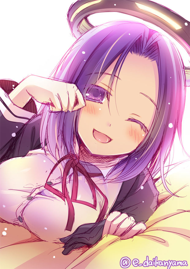 1girl ;d blush breast_rest breasts daikan'yama_ebisu happy kantai_collection mechanical_halo one_eye_closed open_mouth purple_hair rubbing_eyes sketch smile solo tatsuta_(kantai_collection) twitter_username violet_eyes