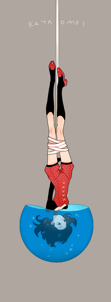 1girl arms_behind_back black_legwear grey_background nanjou_(sumeragimishiro) original romaji simple_background socks solo suspension unmoving_pattern upside-down water