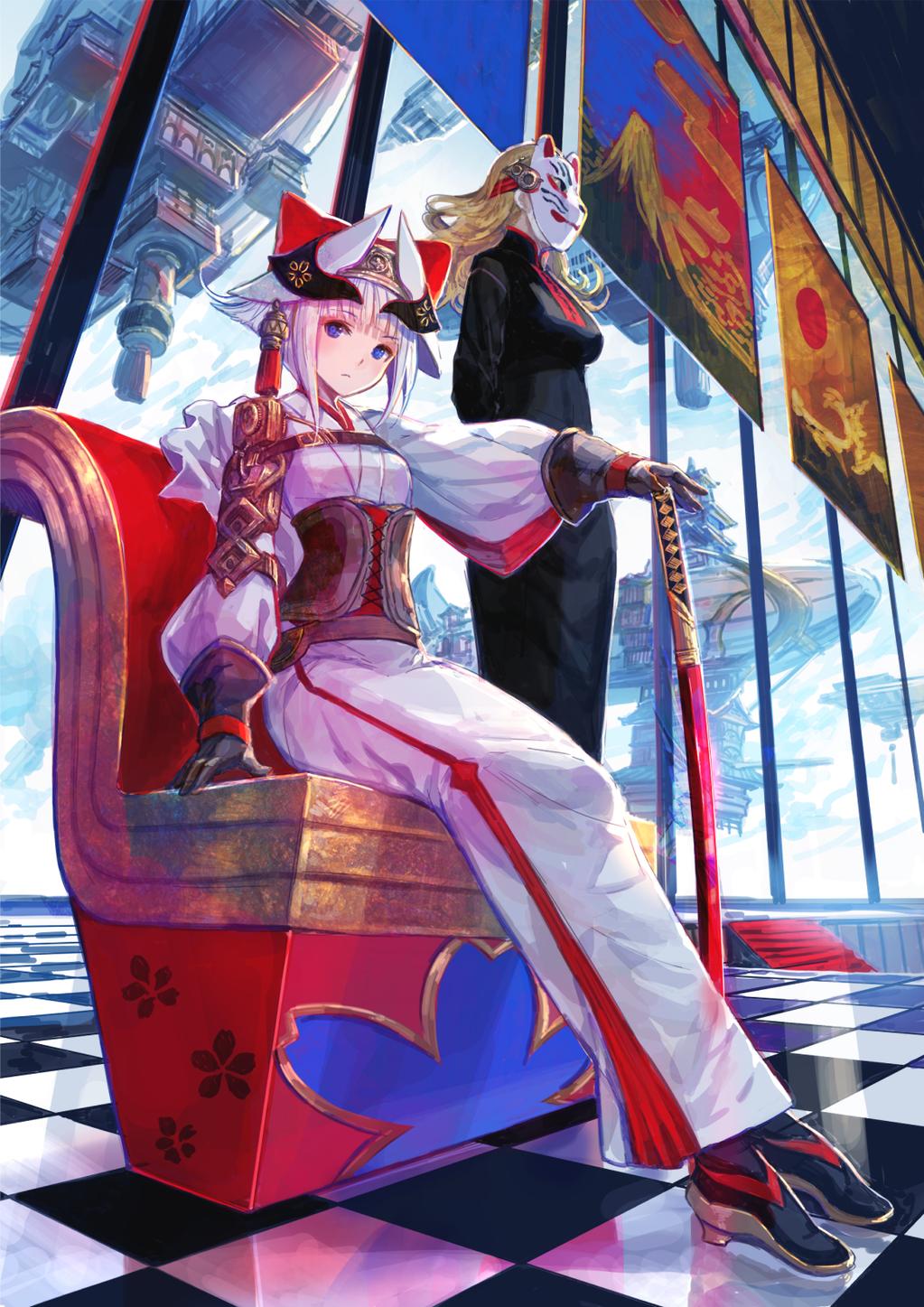 2girls airship arms_behind_back black_gloves blonde_hair blue_eyes chair checkered checkered_floor corset dress fuji_choko gloves highres katana looking_at_viewer mask multiple_girls original scabbard sheath sheathed short_hair silver_hair sitting sword throne weapon