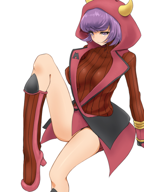 hood kagari_(pokemon)_(remake) legs pokemon pokemon_(game) pokemon_oras purple_hair ribbed_sweater sweater violet_eyes yoou_(artist)