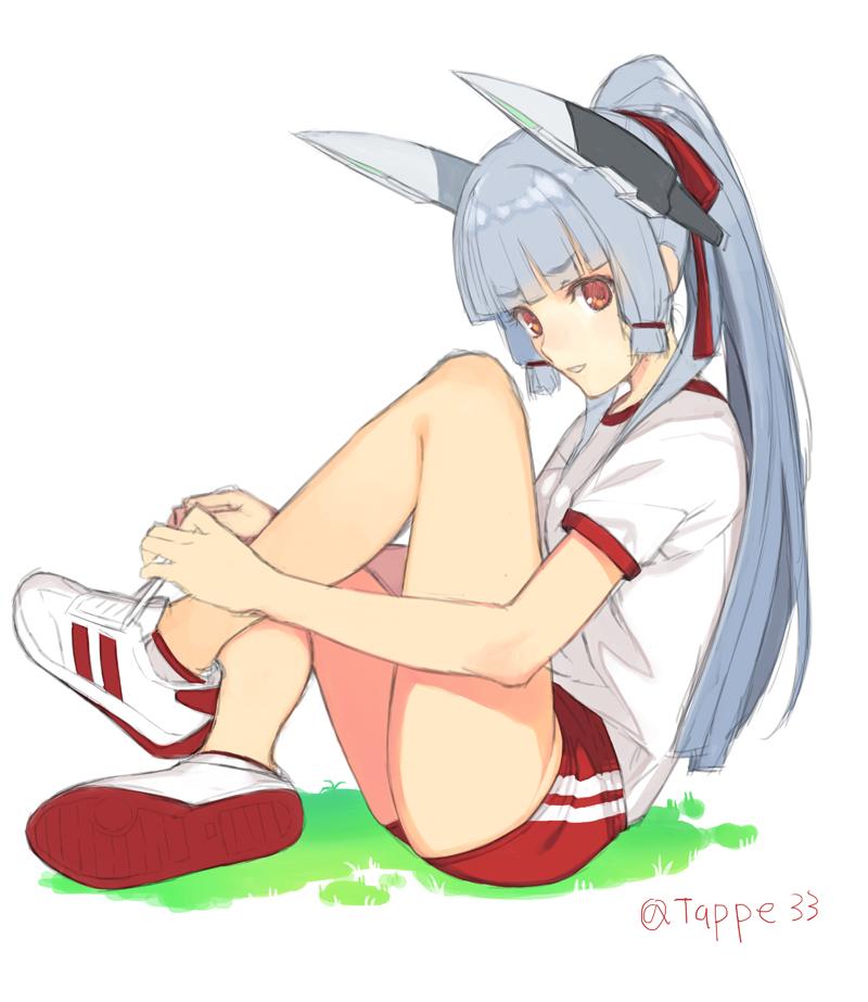 1girl alternate_hairstyle bangs blunt_bangs blush buruma gym_uniform hair_ribbon headgear kantai_collection long_hair mibu_natsuki murakumo_(kantai_collection) ponytail red_eyes ribbon silver_hair sitting smile solo tying_shoes