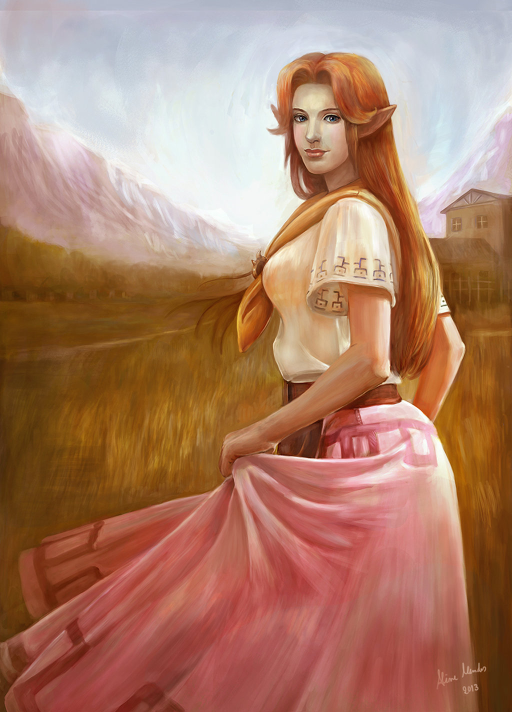 1girl aline_mendes breasts brown_hair curtsey field highres lips long_hair long_skirt looking_back malon neckerchief nose ocarina_of_time older pointy_ears realistic skirt skirt_hold smile solo the_legend_of_zelda