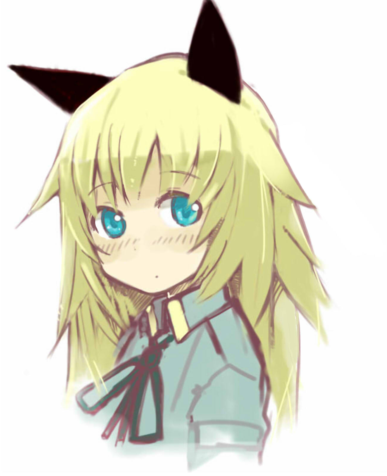 1girl animal_ears blonde_hair blue_eyes blush bust cat_ears green_ribbon helma_lennartz highres izuoku jacket long_hair military military_uniform ribbon simple_background solo strike_witches uniform white_background