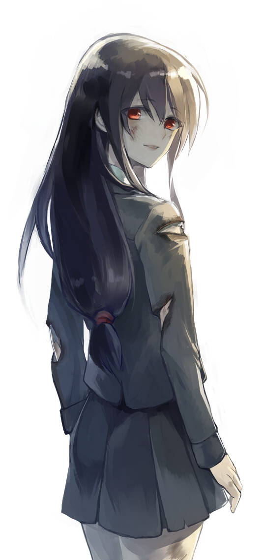 1girl black_hair black_skirt blazer bruise cowboy_shot from_behind hatsushimo_(kantai_collection) hiki_yuichi injury kantai_collection long_hair looking_at_viewer looking_back low-tied_long_hair pleated_skirt red_eyes school_uniform simple_background skirt smile solo torn_clothes white_background