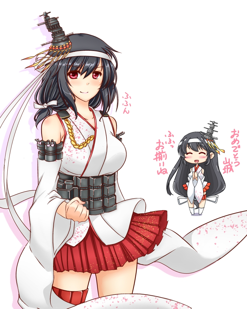 2girls black_hair blush clenched_hand cowboy_shot detached_sleeves fusou_(kantai_collection) hairband headgear kantai_collection kuon_(nokokopopo) long_hair multiple_girls nontraditional_miko red_eyes short_hair skirt smile yamashiro_(kantai_collection)