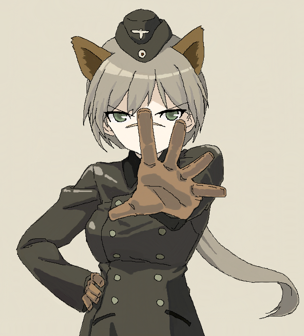 1girl animal_ears brown_background brown_gloves coat garrison_cap gloves green_eyes hand_on_hip hanna_rudel hat light_brown_hair long_hair long_sleeves military military_uniform nose_scar outstretched_arm ponytail scar shiratama_(hockey) simple_background solo strike_witches uniform wolf_ears