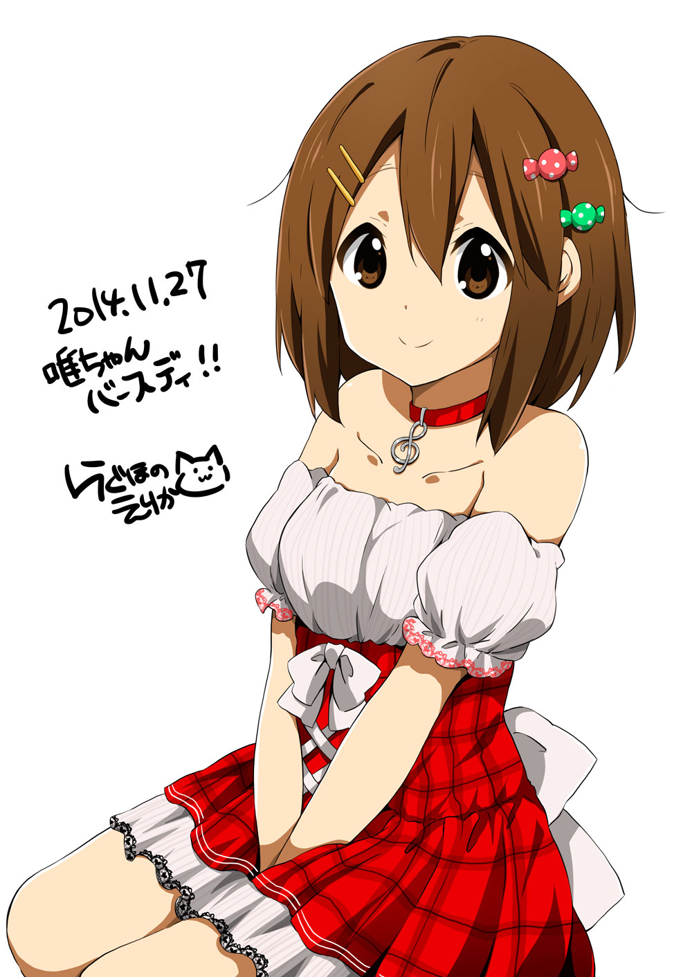 1girl bare_shoulders brown_eyes brown_hair hair_ornament happy_birthday highres hirasawa_yui k-on! looking_at_viewer ragho_no_erika short_hair smile