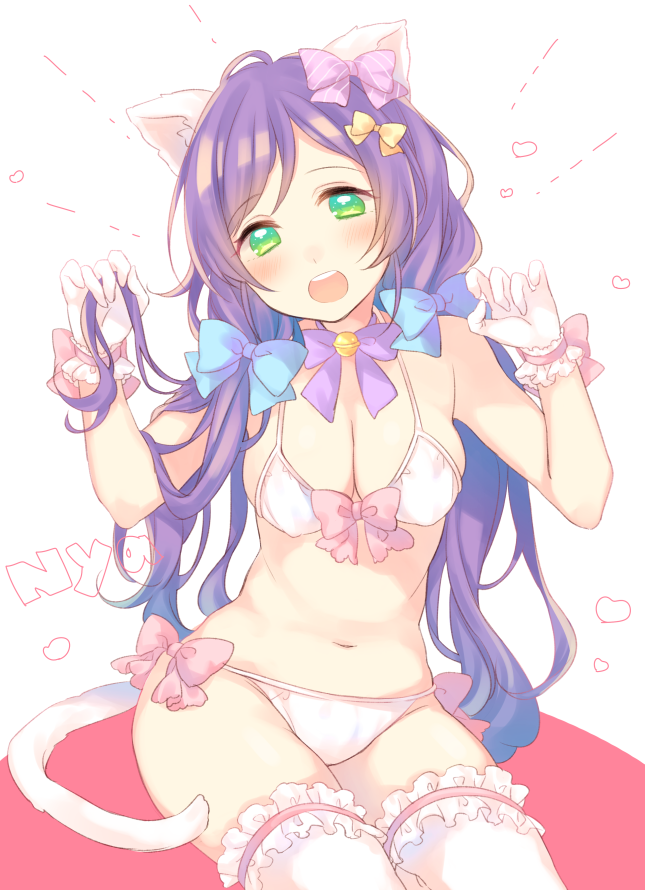 1girl alternate_costume animal_ears bikini blush bow breasts cat_ears cat_tail cleavage frilled_legwear gloves green_eyes hair_bow kemonomimi_mode long_hair love_live!_school_idol_project low_twintails navel nerunnn open_mouth paw_pose sitting solo swimsuit tail thigh-highs toujou_nozomi twintails very_long_hair white_bikini white_gloves white_swimsuit