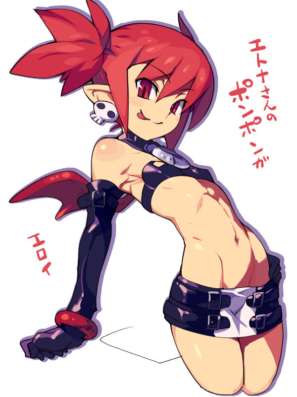 1girl :p bat_wings cowboy_shot demon_girl disgaea elbow_gloves etna flat_chest gloves looking_at_viewer metata navel pointy_ears red_eyes redhead short_twintails skull tongue tongue_out twintails white_background wings