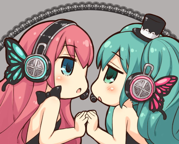 2girls aqua_eyes aqua_hair black_dress bow butterfly_hair_ornament butterfly_wings dress grey_background hair_ornament hat hatsune_miku headphones long_hair looking_at_another magnet_(vocaloid) megurine_luka mizuno_mumomo multiple_girls open_mouth pink_hair profile top_hat twintails vocaloid wings