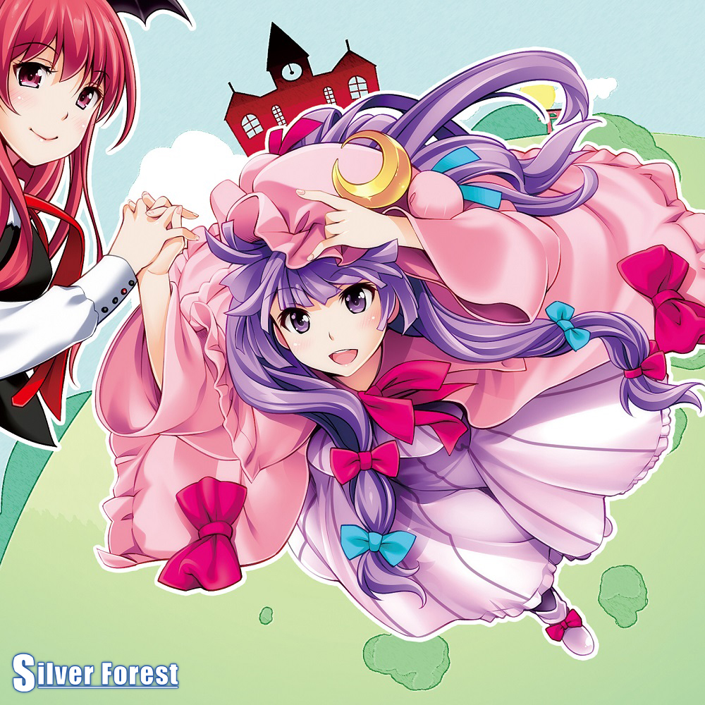 2girls album_cover coat cover crescent demon_girl demon_wings dress female hair_ribbon hand_on_headwear head_wings holding_hands interlocked_fingers koakuma long_hair mob_cap multiple_girls open_clothes open_coat open_mouth patchouli_knowledge purple_dress purple_hair rakujin red_eyes redhead ribbon scarlet_devil_mansion smile striped striped_dress touhou tress_ribbon very_long_hair violet_eyes wings