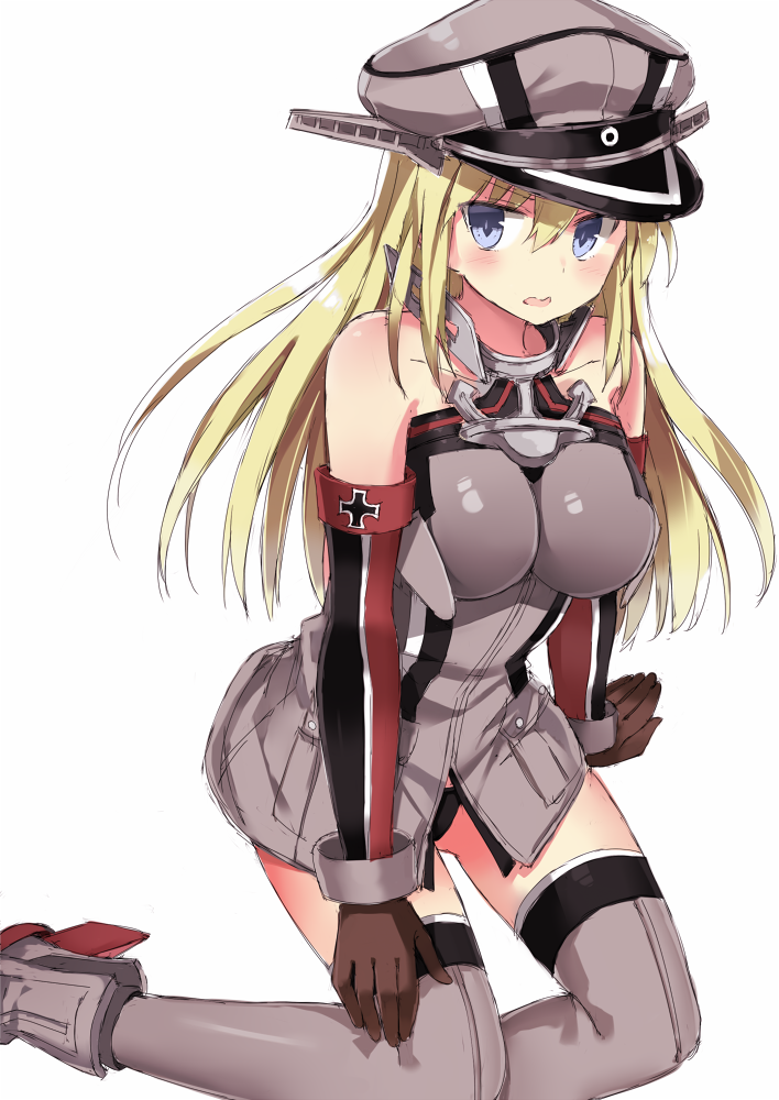 1girl 501092-taka arm_support bare_shoulders bismarck_(kantai_collection) black_panties blonde_hair blue_eyes blush breasts collarbone detached_sleeves grey_legwear hat kantai_collection long_hair looking_at_viewer panties peaked_cap simple_background sitting solo thigh-highs underwear white_background yokozuwari