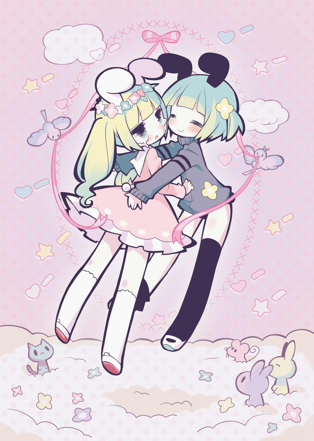 2girls animal_ears bangs bird black_legwear cat clouds dress flower frilled_legwear hair_flower hair_ornament head_wreath heart highres incipient_hug kneehighs long_hair maako_(pixiv54348) mouse multiple_girls original pink_background rabbit_ears rabbit_headphones ribbon shooting_star short_hair tears thigh-highs turtleneck white_legwear