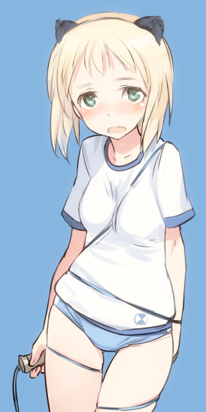 1girl animal_ears blonde_hair blush buruma elma_leivonen green_eyes gym_uniform looking_at_viewer shimada_fumikane small_breasts solo strike_witches