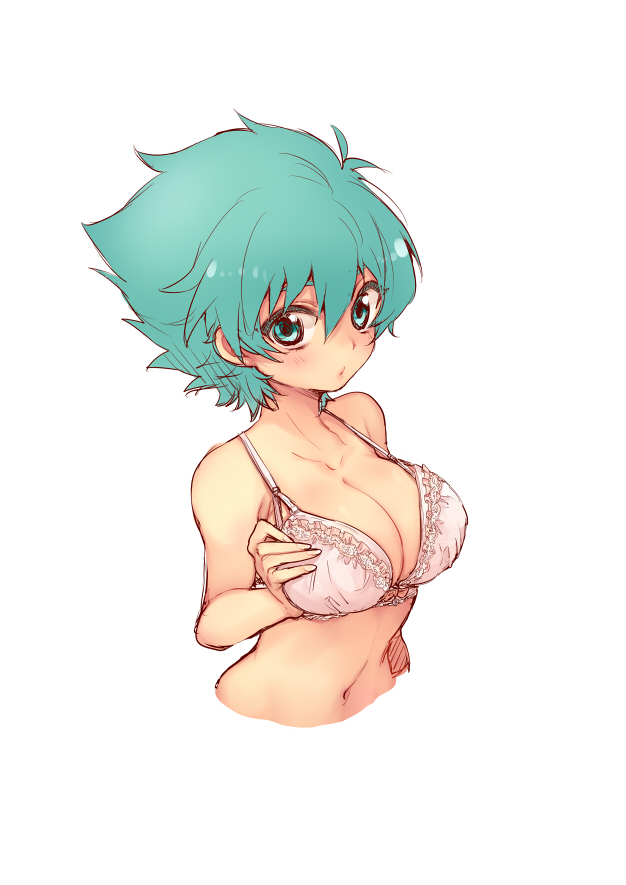 1girl blush bra breasts bust cleavage female genderswap green_eyes green_hair johan_andersen large_breasts navel short_hair simple_background solo tobi_(one) underwear underwear_only white_background yuu-gi-ou yuu-gi-ou_gx