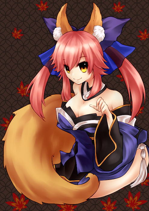 1girl animal_ears autumn_leaves bare_shoulders breasts caster_(fate/extra) cleavage detached_sleeves fate/extra fate_(series) fox_ears fox_tail hair_ornament hair_ribbon japanese_clothes leaf long_hair looking_at_viewer panties pink_hair ribbon sitting solo tail thigh-highs twintails underwear yellow_eyes