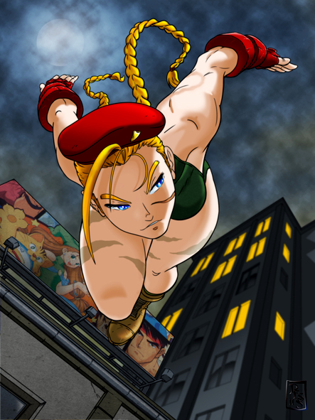 1girl ahoge antenna_hair beret blonde_hair blue_eyes bodypaint braid cameo cammy_white camouflage combat_boots fingerless_gloves from_below gloves hat huge_ahoge jumping leotard long_hair poster_(object) ryuu_(street_fighter) samuel_perez_salinas scar solo street_fighter toned twin_braids