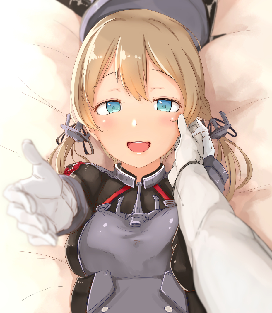 1girl anchor_hair_ornament aqua_eyes blonde_hair blush bust chizurusou_(tiduru_39) gloves hand_on_another's_face hat kantai_collection long_hair looking_at_viewer low_twintails lying on_back open_mouth outstretched_hand peaked_cap pov prinz_eugen_(kantai_collection) twintails white_gloves
