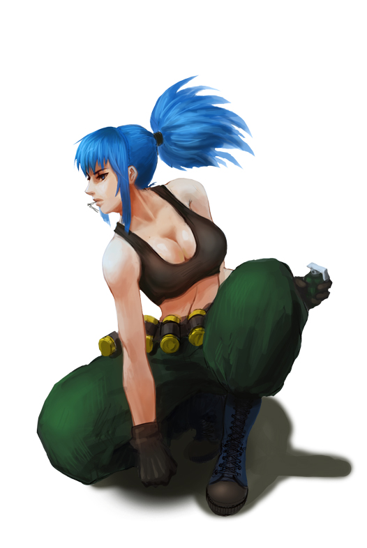 1girl baggy_pants bare_shoulders belt black_gloves blue_eyes blue_hair breasts cleavage crop_top explosive gloves grenade grenade_pin king_of_fighters large_breasts leona_heidern lips long_hair midriff mouth_hold nose one_knee pants ponytail solo tank_top white_background yong_nin_young