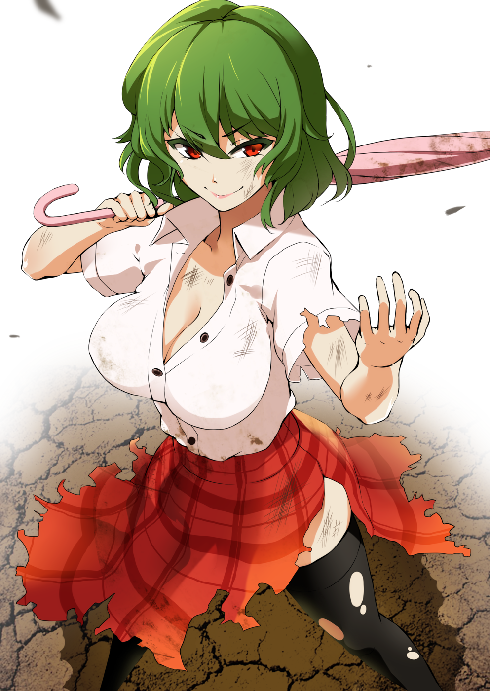 1girl black_legwear breasts cleavage closed_umbrella collarbone commentary_request dirty_clothes dirty_face green_hair highres kazami_yuuka large_breasts mattari_yufi red_eyes shirt skirt smile solo thigh-highs torn_clothes torn_skirt torn_sleeves torn_thighhighs touhou umbrella