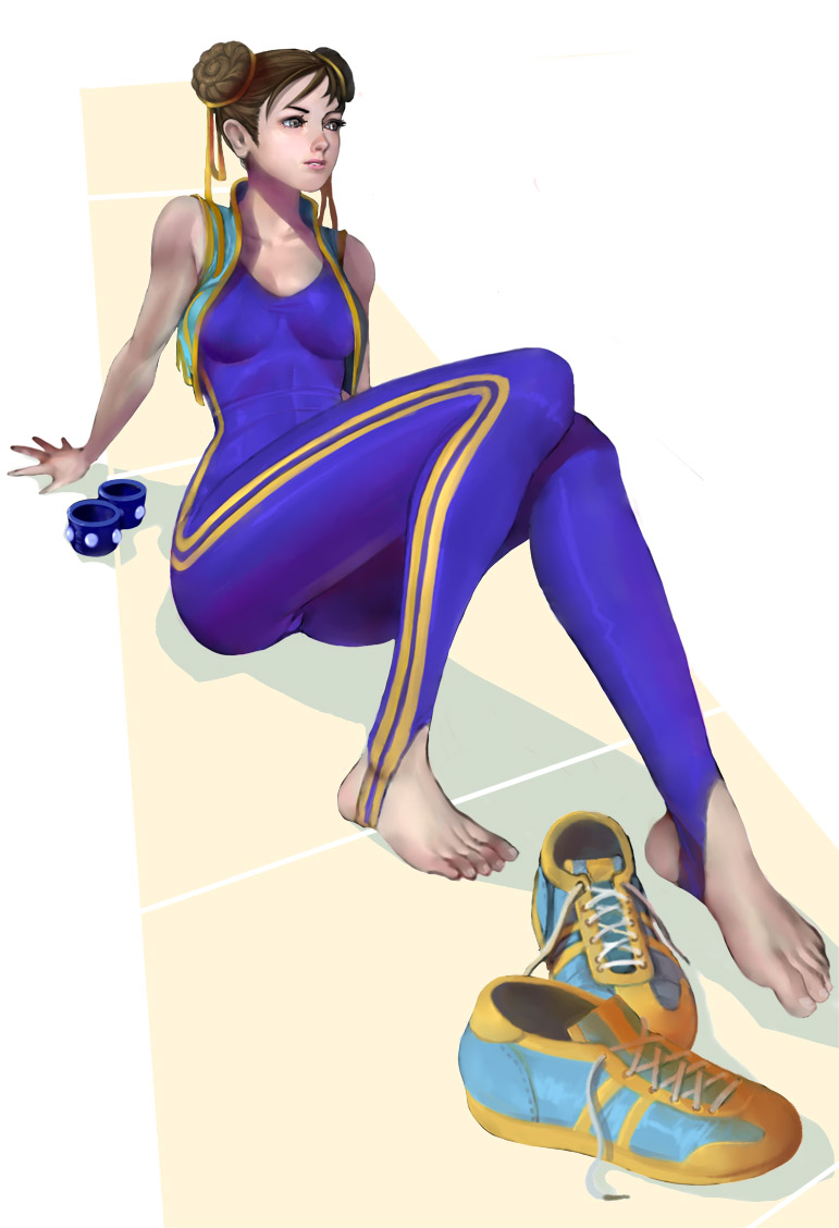 1girl alternate_costume barefoot bodystocking breasts brown_eyes brown_hair chun-li double_bun erufan hair_ribbon nose ribbon shoes shoes_removed short_hair sitting sleeveless sneakers solo street_fighter street_fighter_zero studded_bracelet toes vest