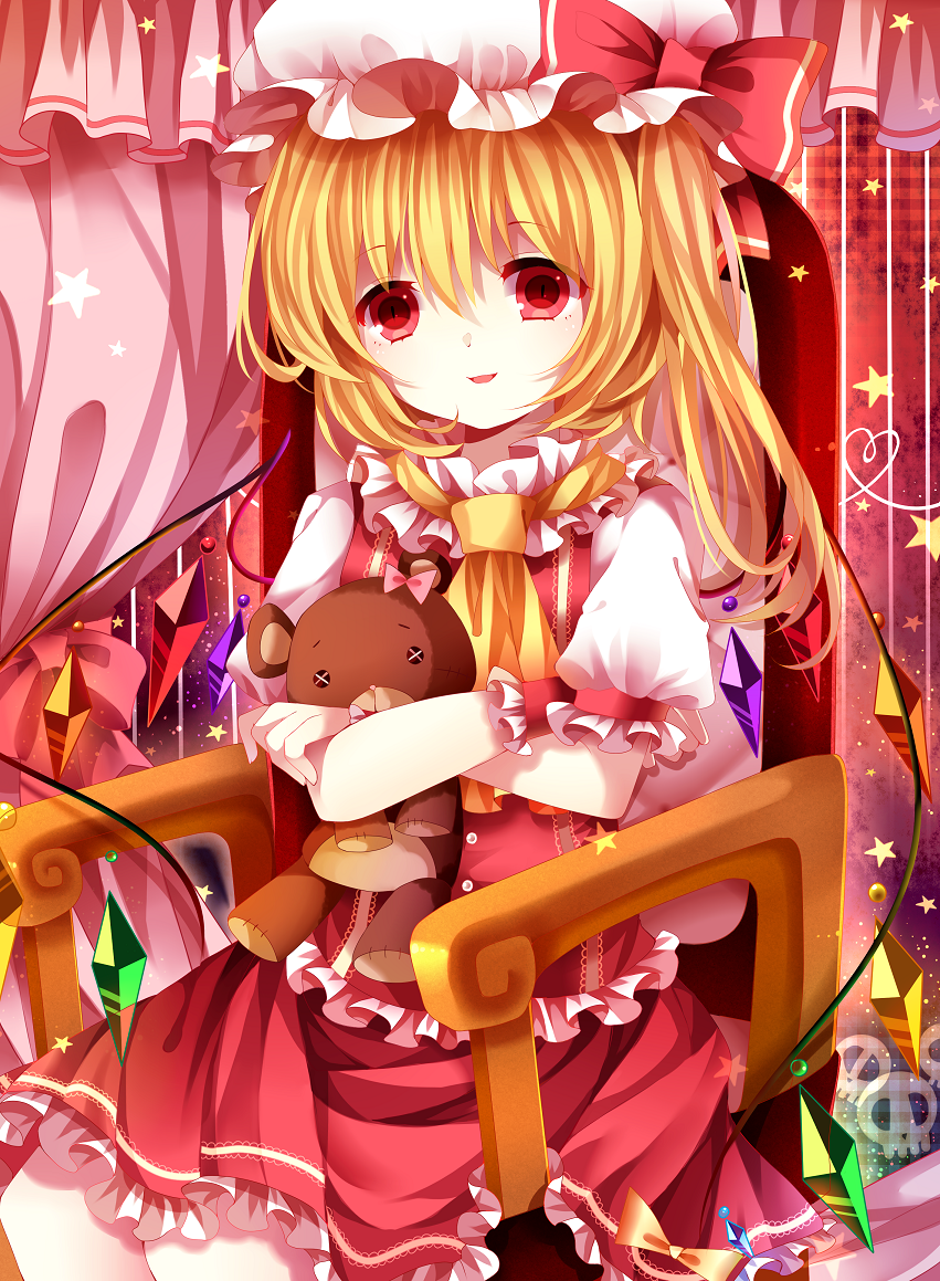 1girl :d ascot blonde_hair doll_hug flandre_scarlet looking_at_viewer mob_cap moseley open_mouth red_eyes side_ponytail sitting smile solo stuffed_animal stuffed_toy teddy_bear touhou wings wrist_cuffs