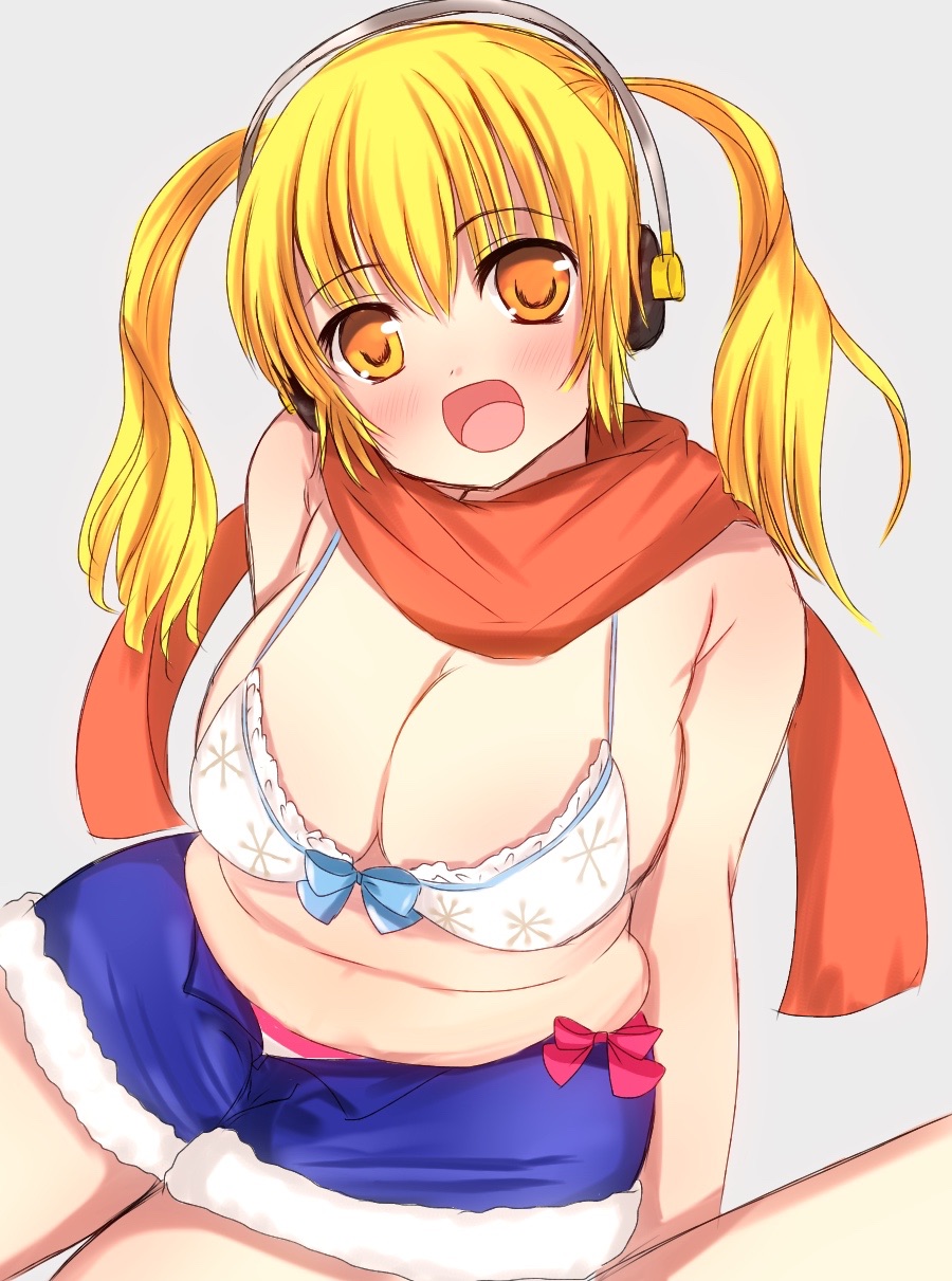 1girl bikini bikini_top blonde_hair blush breasts cleavage headphones highres huge_breasts looking_at_viewer navel nitroplus open_mouth orange_eyes plump scarf short_hair smile solo super_pochaco swimsuit twintails