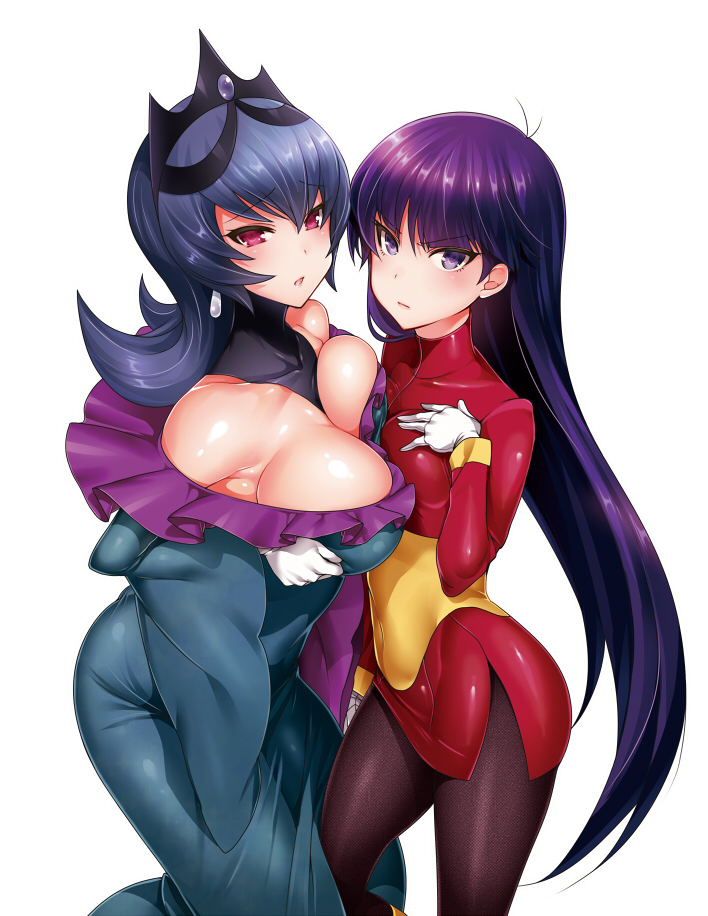 2girls akira_(natsumemo) asymmetrical_docking bare_shoulders black_legwear breast_press breasts cleavage covered_navel detached_collar dress dual_persona earrings gloves jewelry large_breasts long_hair long_sleeves looking_at_viewer multiple_girls natsume_(pokemon) pantyhose pokemon pokemon_(game) pokemon_bw2 pokemon_rgby pokewood purple_hair red_eyes simple_background small_breasts tiara violet_eyes white_background white_gloves