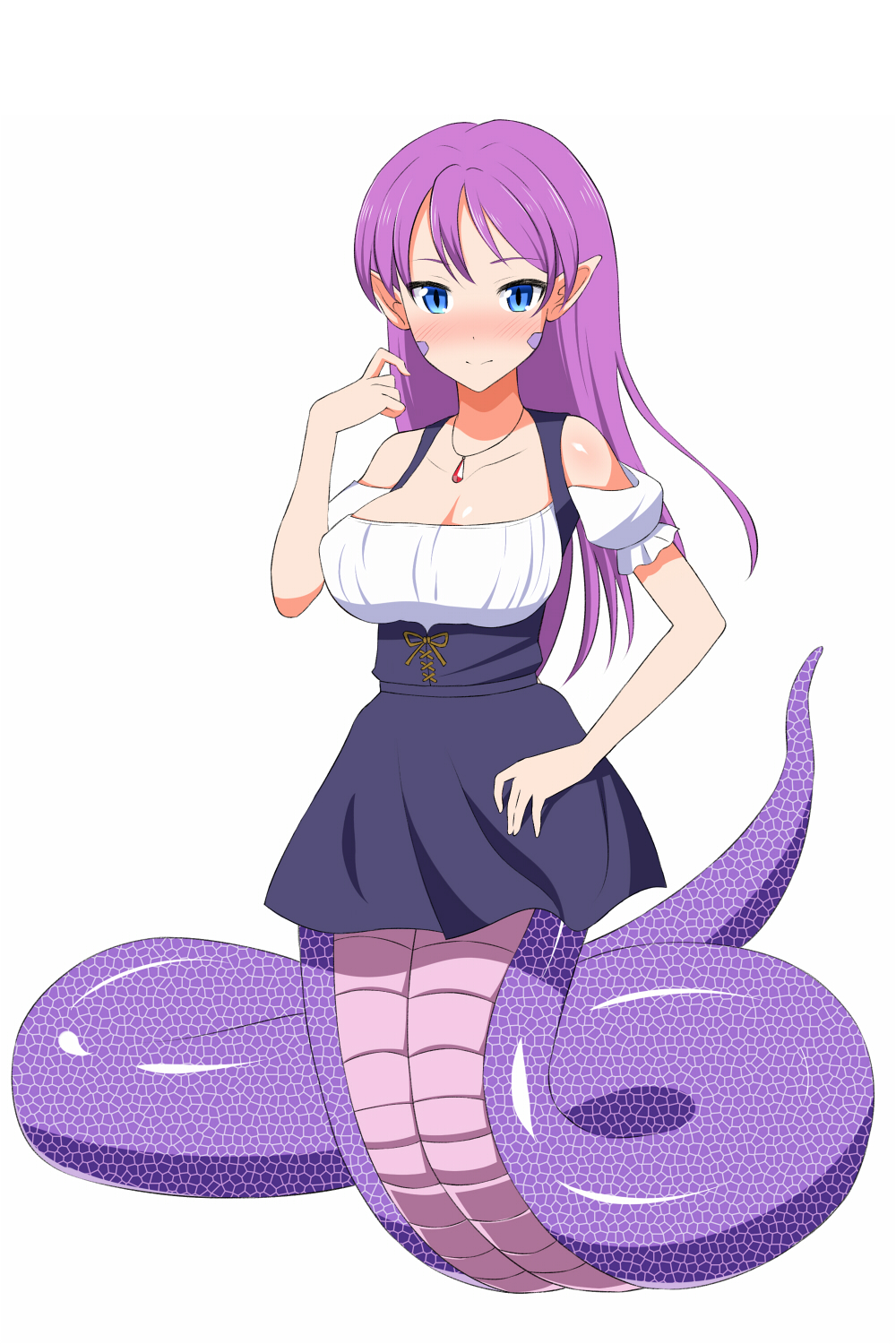 1girl blue_eyes blush breasts cleavage full_body haruharu55 highres jewelry lamia long_hair monster_girl original pendant pointy_ears purple_hair scales simple_background slit_pupils solo white_background