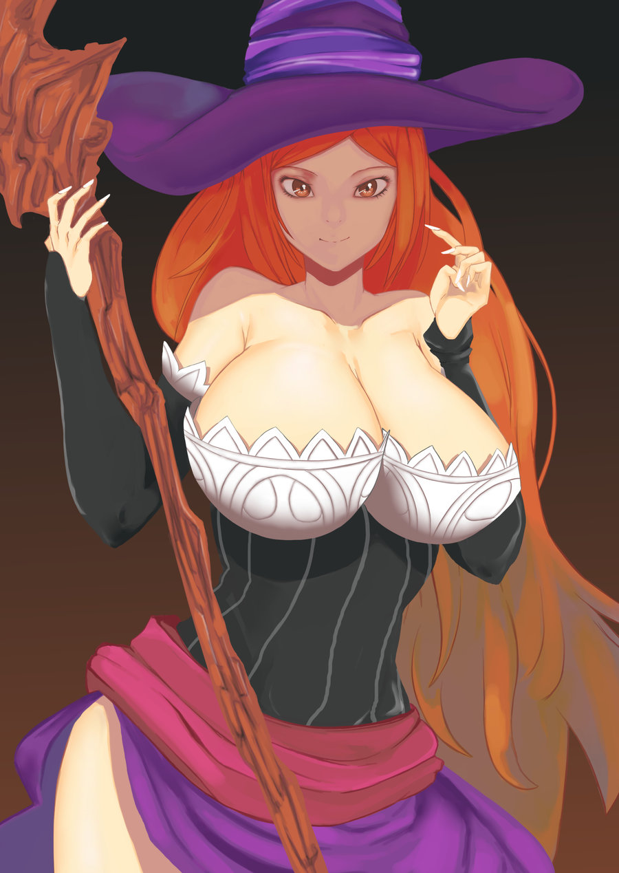 1girl black_background breasts brown_background brown_eyes cleavage detached_sleeves dragon's_crown dress gradient gradient_background hat highres huge_breasts kkun88 long_hair looking_at_viewer redhead sash smile solo sorceress_(dragon's_crown) staff strapless_dress thighs very_long_hair witch_hat