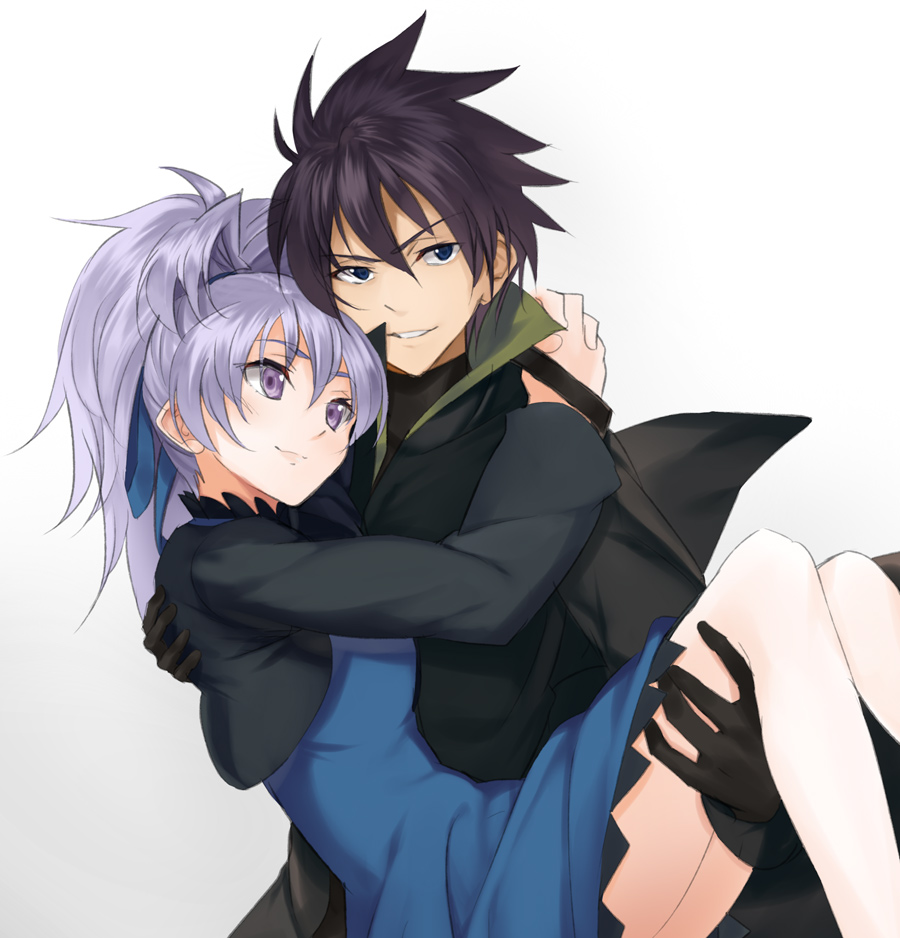 1boy 1girl arms_around_neck black_gloves black_hair blue_dress carrying darker_than_black dress gloves hei kabocha long_hair looking_at_another ponytail princess_carry purple_hair short_hair simple_background violet_eyes white_background yin