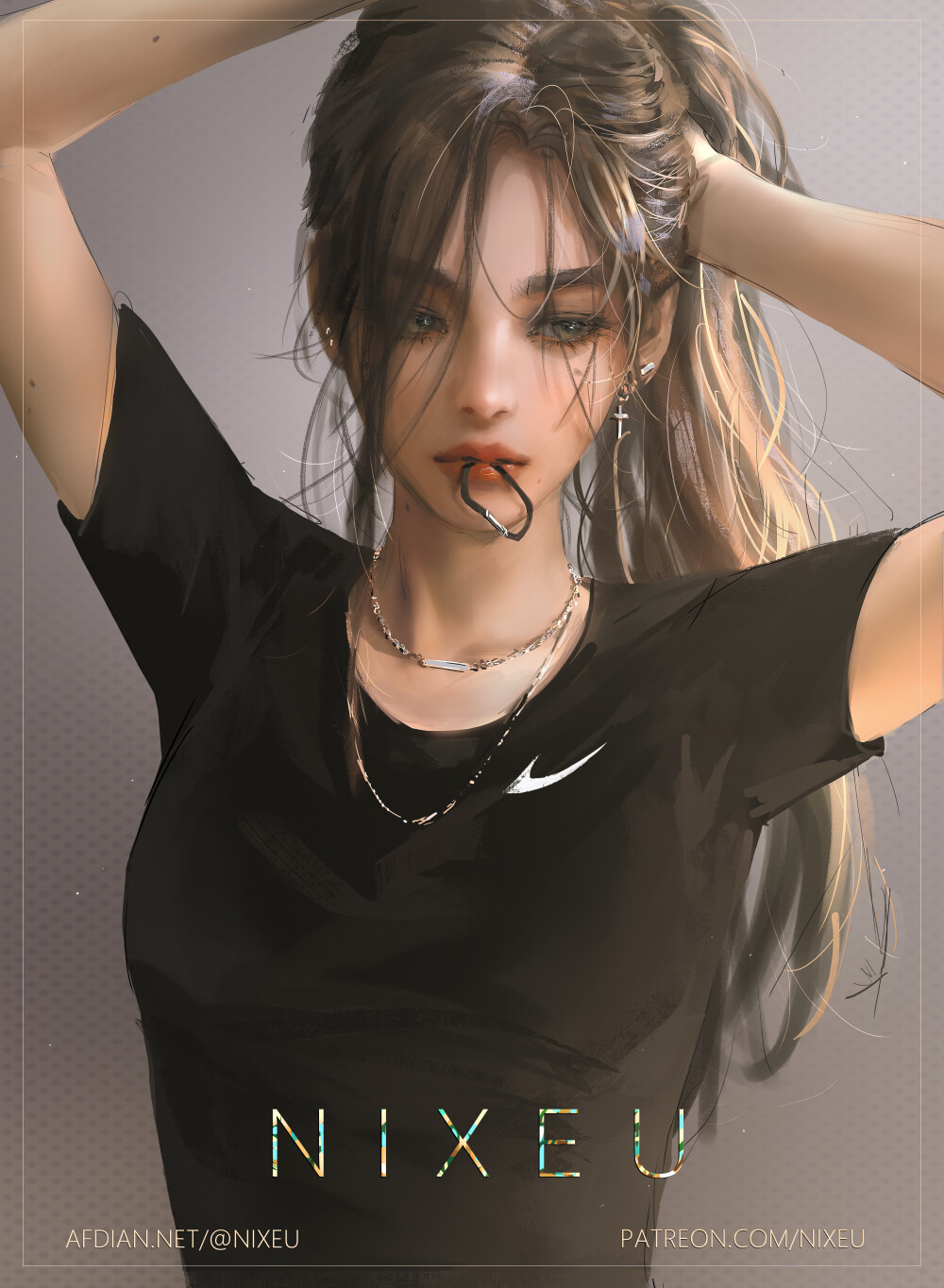 1girl arms_up artist_name black_shirt brown_hair cross cross_earrings ear_piercing earrings hair_tie hair_tie_in_mouth highres jewelry lips looking_to_the_side mole mole_on_arm mouth_hold necklace nike nixeu nose original piercing shirt tying_hair