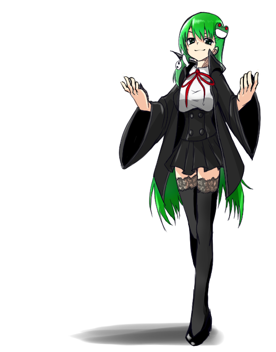 1girl alternate_costume bb_(fate/extra_ccc) bb_(fate/extra_ccc)_(cosplay) blouse breasts cloak corset cosplay fate/extra fate/extra_ccc fate_(series) frog_hair_ornament full_body green_hair hair_ornament kochiya_sanae large_breasts long_hair looking_at_viewer neck_ribbon outstretched_arms ribbon shadow shinmon_akika simple_background skirt smile snake_hair_ornament solo standing thigh-highs touhou white_background