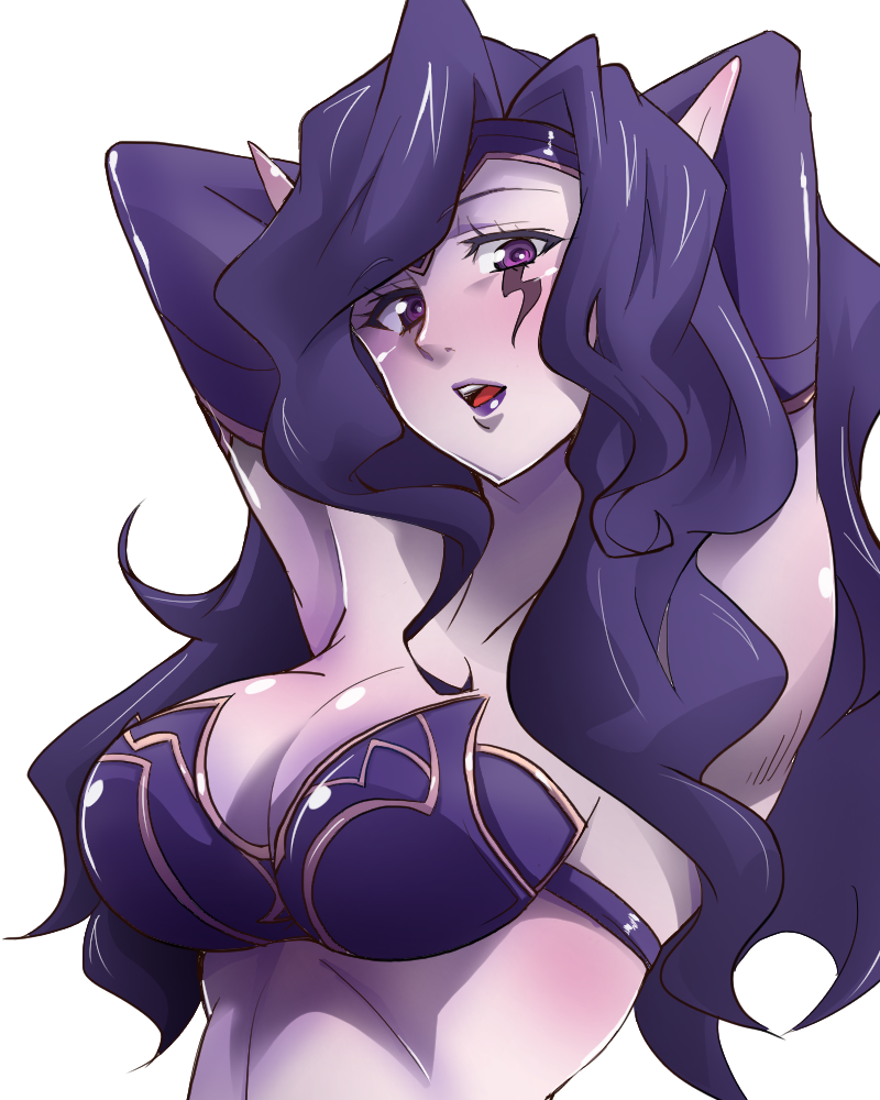 1girl armpits arms_behind_head breasts bust cleavage dark_skin detached_sleeves elbow_gloves gloves league_of_legends lipstick long_hair looking_at_viewer makeup midriff morgana mori_shin_risuku parted_lips pointy_ears purple_hair solo violet_eyes wavy_hair