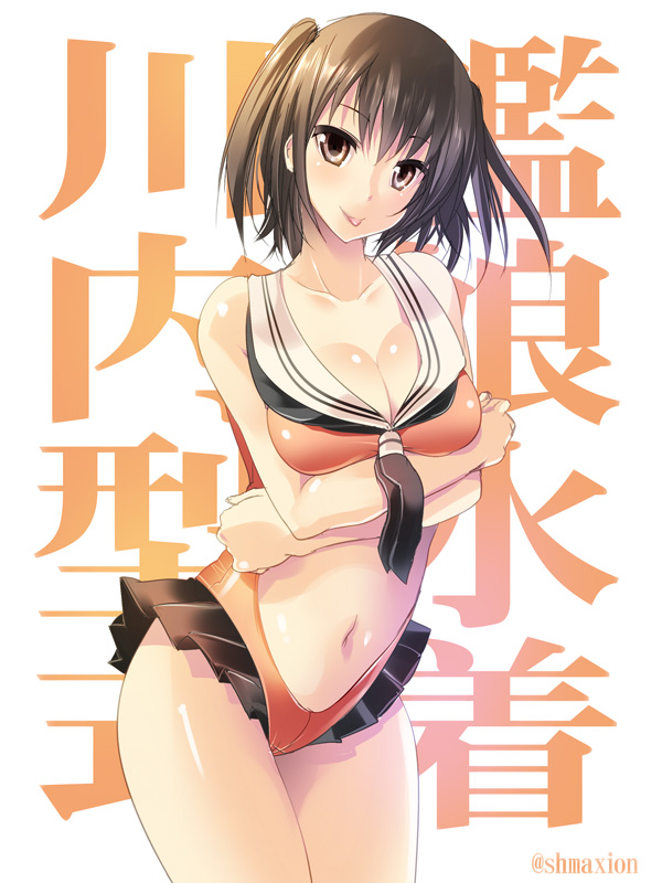 1girl :p adapted_costume breast_hold breasts brown_eyes brown_hair cleavage collarbone cowboy_shot kantai_collection looking_at_viewer maki_(seventh_heaven_maxion) navel one-piece_swimsuit sendai_(kantai_collection) solo swimsuit tongue tongue_out twitter_username two_side_up