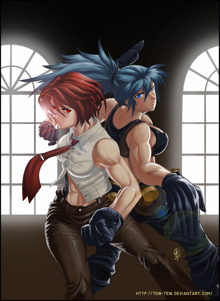 2girls abs back-to-back bare_shoulders black_gloves blue_eyes blue_hair breasts clenched_hands crop_top fighting_stance gloves incoming_punch king_of_fighters large_breasts lens_flare leona_heidern lips long_hair midriff multiple_girls muscle navel necktie ponytail redhead short_hair sleeveless sleeveless_shirt suspenders tank_top theofilus_ray vanessa_(king_of_fighters) watermark web_address