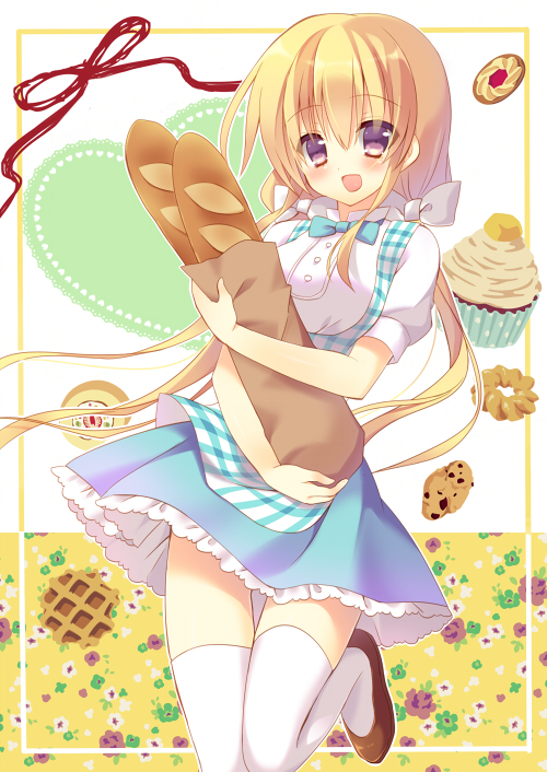 1girl :d blonde_hair bread carrying food grey_eyes long_hair looking_at_viewer low_twintails open_mouth original sakura_yuzuna smile solo thigh-highs twintails white_legwear