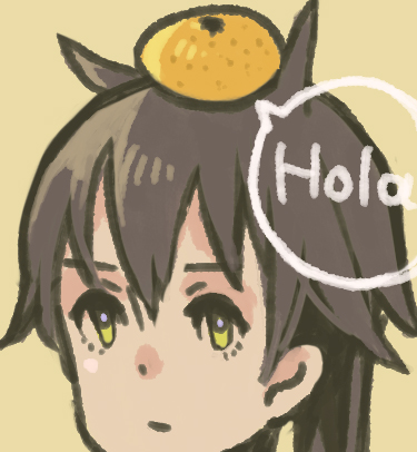 1girl animal_ears brown_hair face food food_on_head fruit green_eyes lowres mandarin_orange object_on_head on_head shirono_kuma short_hair solo spanish speech_bubble strike_witches wakamoto_tetsuko wolf_ears yellow_background